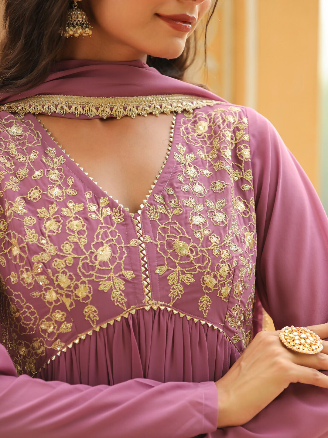 Janasya Lavender Georgette Yoke Embroidery Kurta,Bottom & Dupatta 