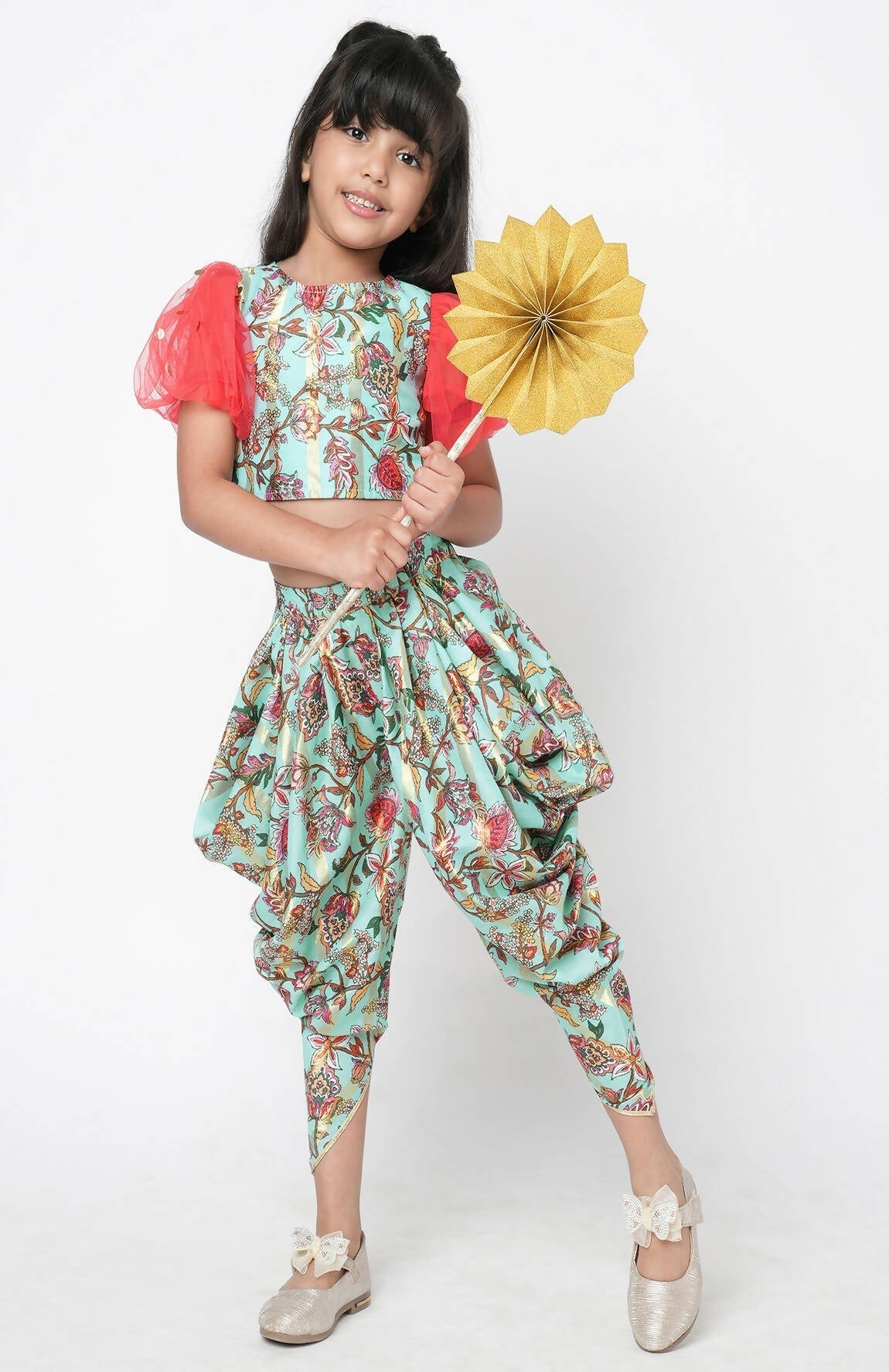 Lil Drama Golden Weaves Blue Crop Top With Dhoti Co-Ordinate Set 