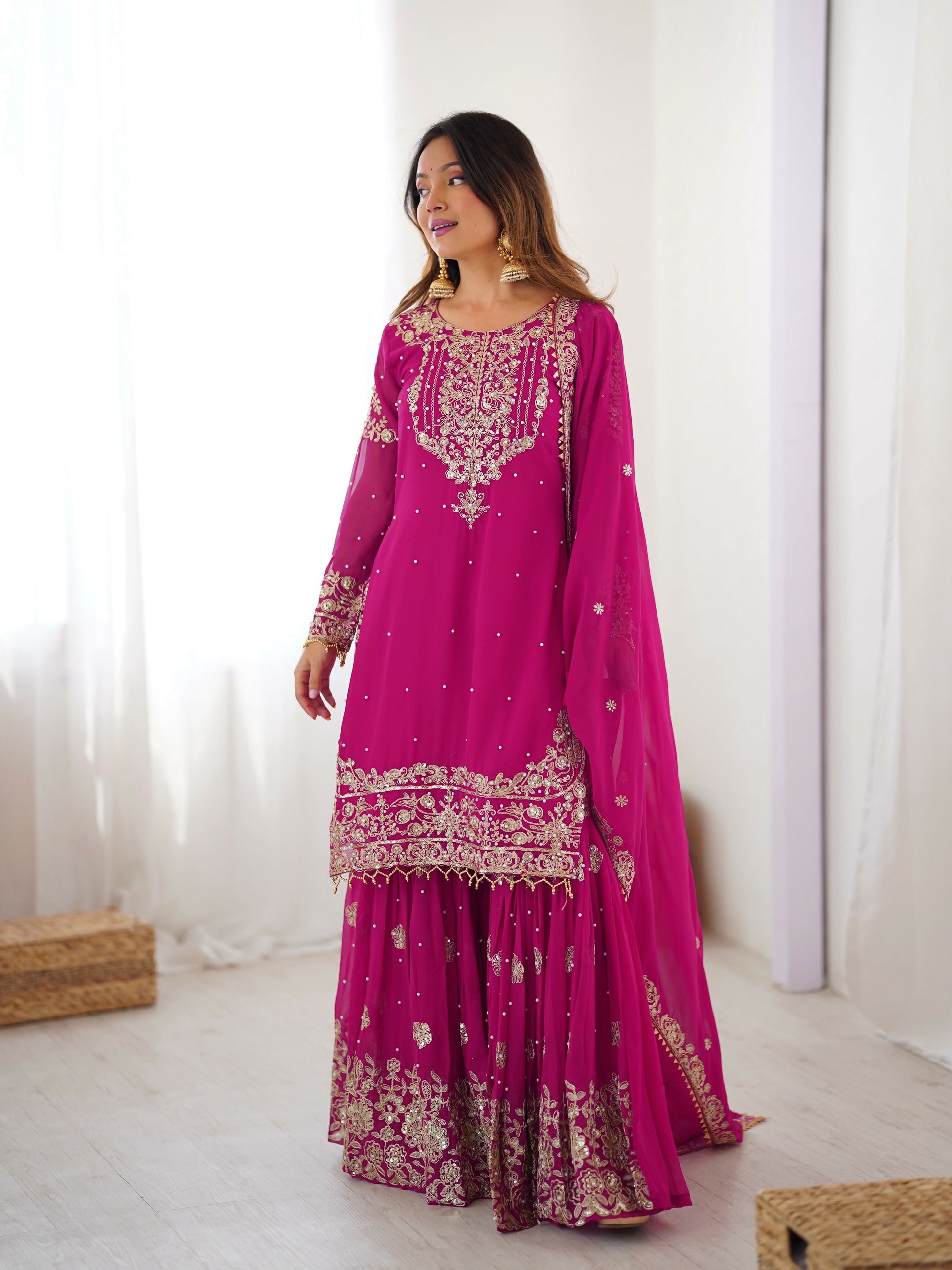 Lehenga Mart Designer Sharara Suit With Kurta, Sharara, Dupatta For Women-Pink