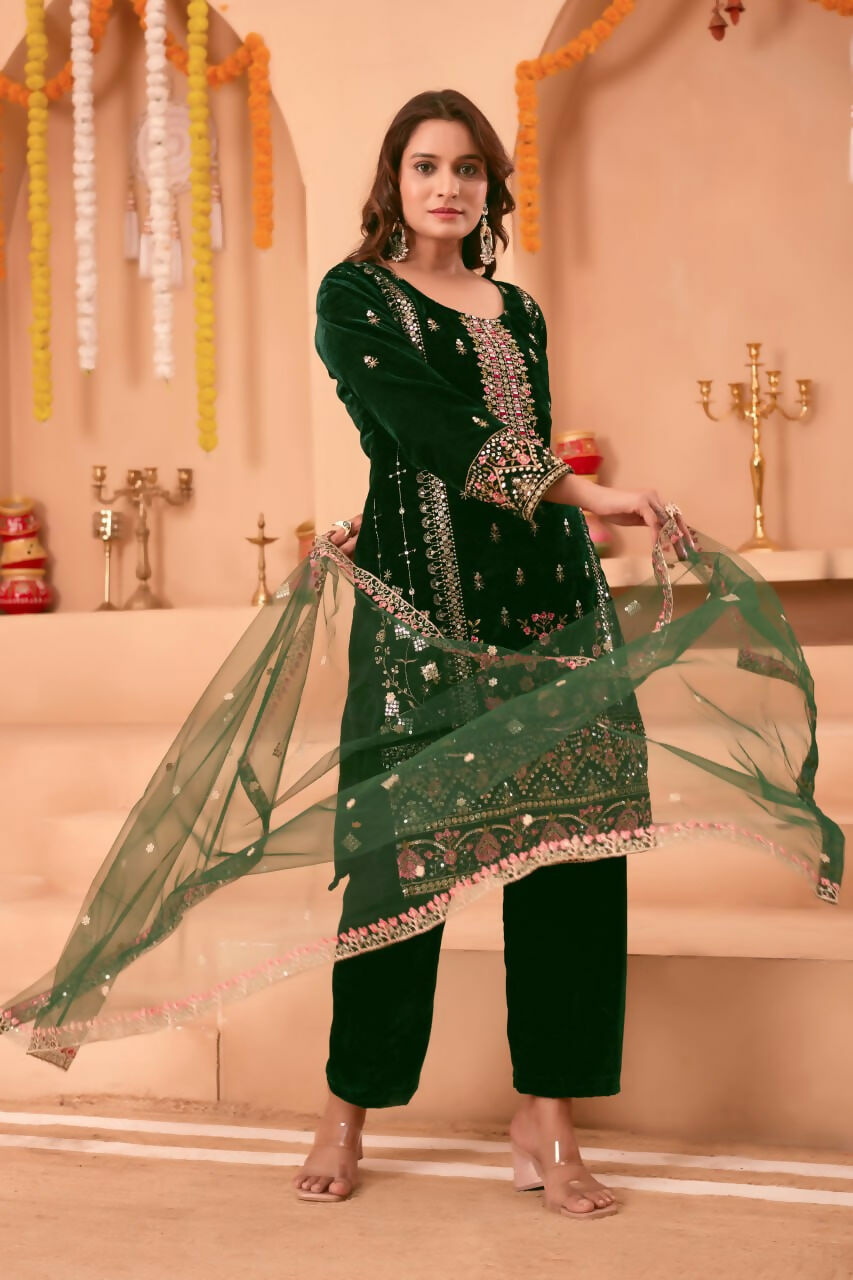 Joban Fashion Green Velvet Embroidery Sequence Work Readymade Kurta Set