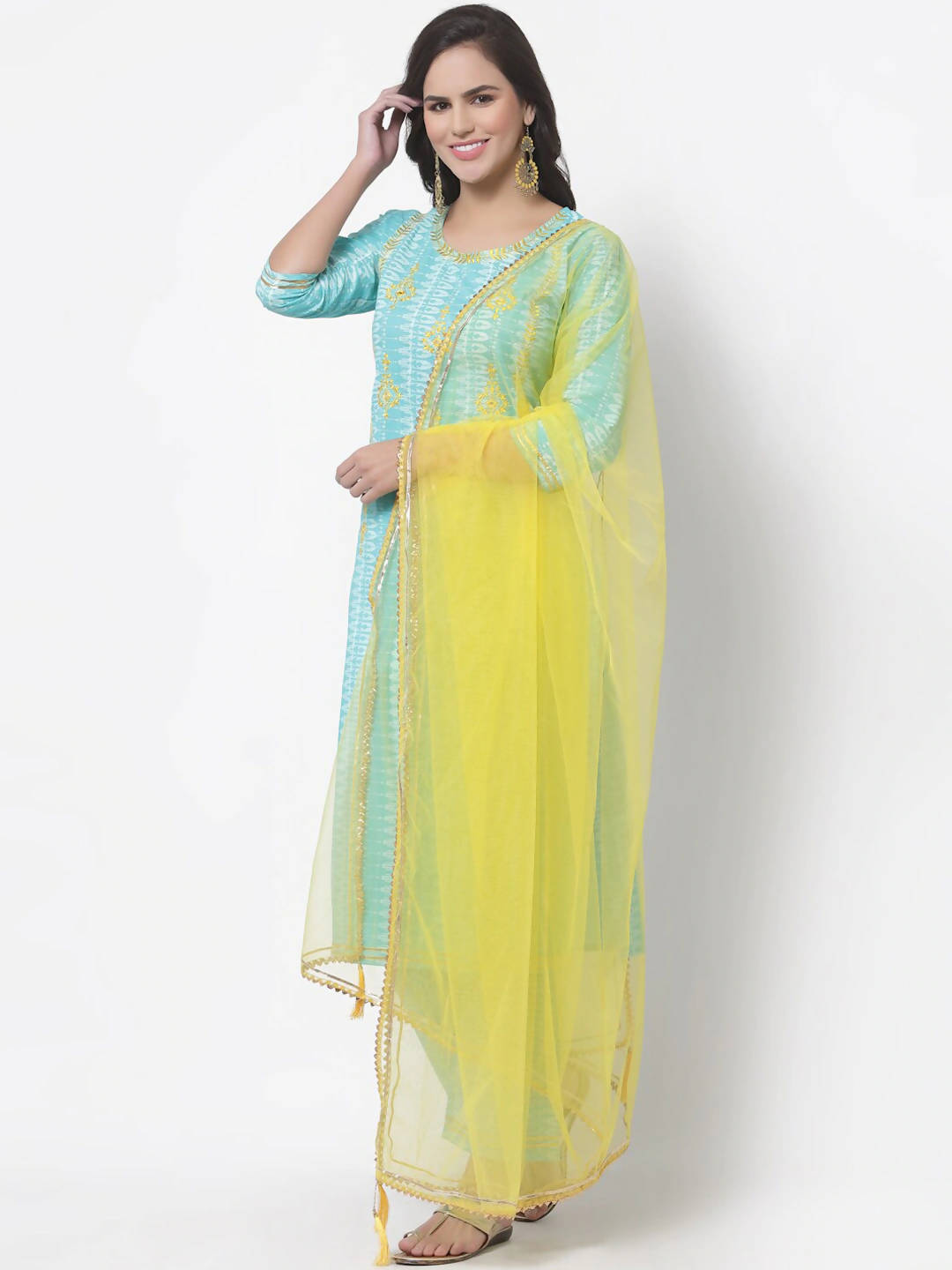 Myshka Women Turquoise Blue Layered Pure Cotton Kurti With Trousers & Dupatta