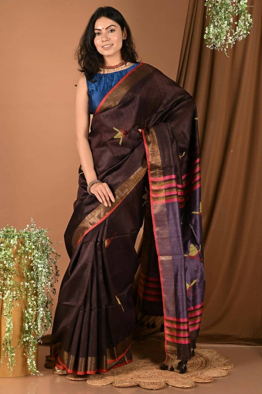 Very Much Indian Handloom Pure Dupion Silk Saree With Sleek Golden Border - Brown - Grab2buy
