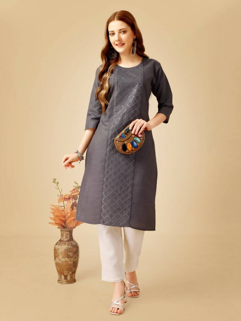 Aastha Fashion Women's Grey Cotton Blend Embroidered Kurta Pant Set - Grab2buy