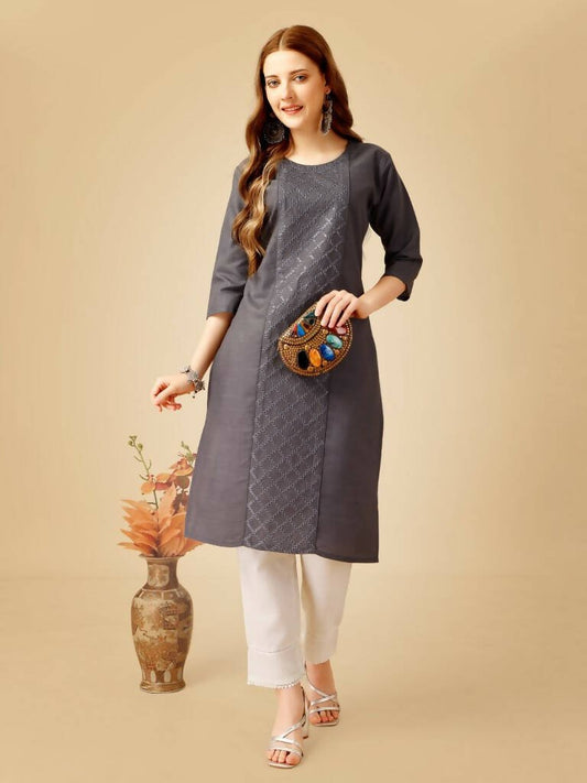Aastha Fashion Women's Grey Cotton Blend Embroidered Kurta Pant Set - Grab2buy