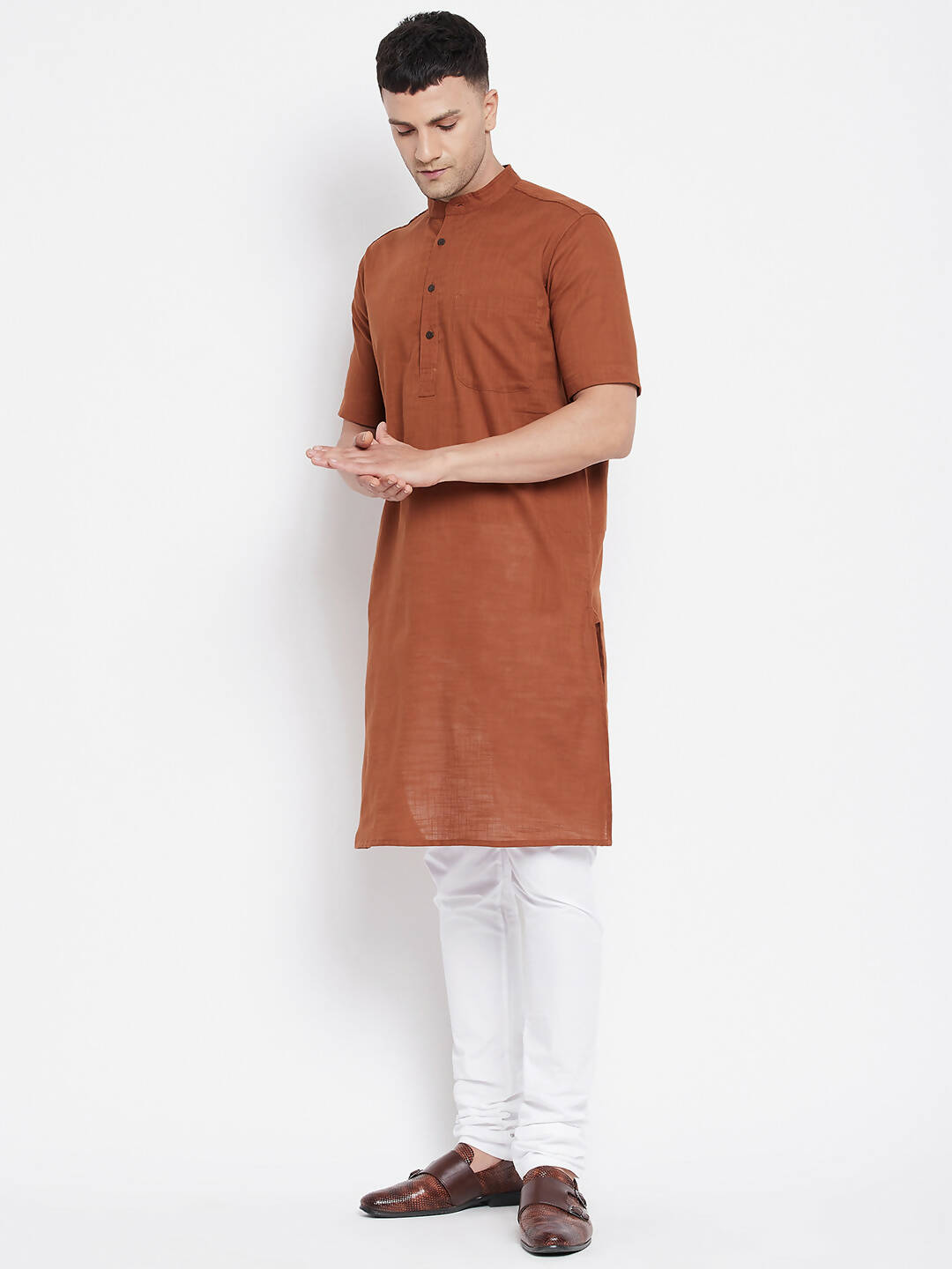 Even Apparels Brown Pure Cotton Men's H/S Kurta With Band Collar 