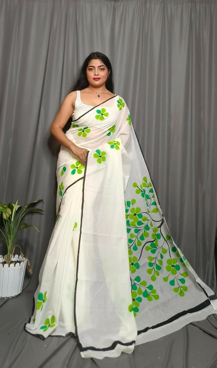 Exclusive Collection Beautiful White Light Green Pure Cotton Hand Print Handloom Grab2Buy With Running Blouse Piece 