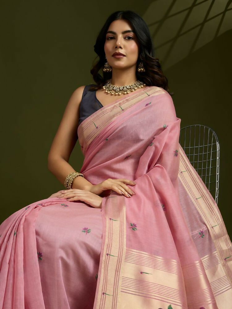 Vishnu Weaves Women's Pink Muga Cotton Thread Woven Butti with Blouse 