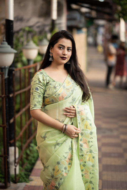 Green Pure Linen Ethnic Motifs Saree with Unstitched Blouse - A2M
