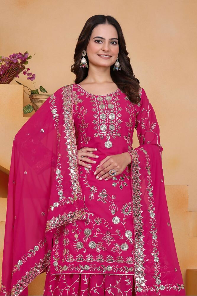 Lehenga Mart Designer Sharara Suit With Kurta, Sharara, Dupatta For Women-Rani Pink