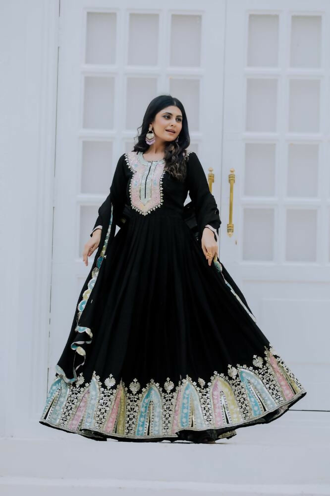 Joban Fashion Black Chinnon Silk Sequence Embroidery Work Readymade Kurta Set