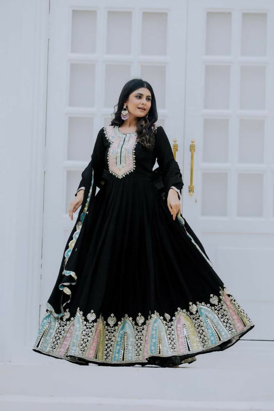 Joban Fashion Black Chinnon Silk Sequence Embroidery Work Readymade Kurta Set