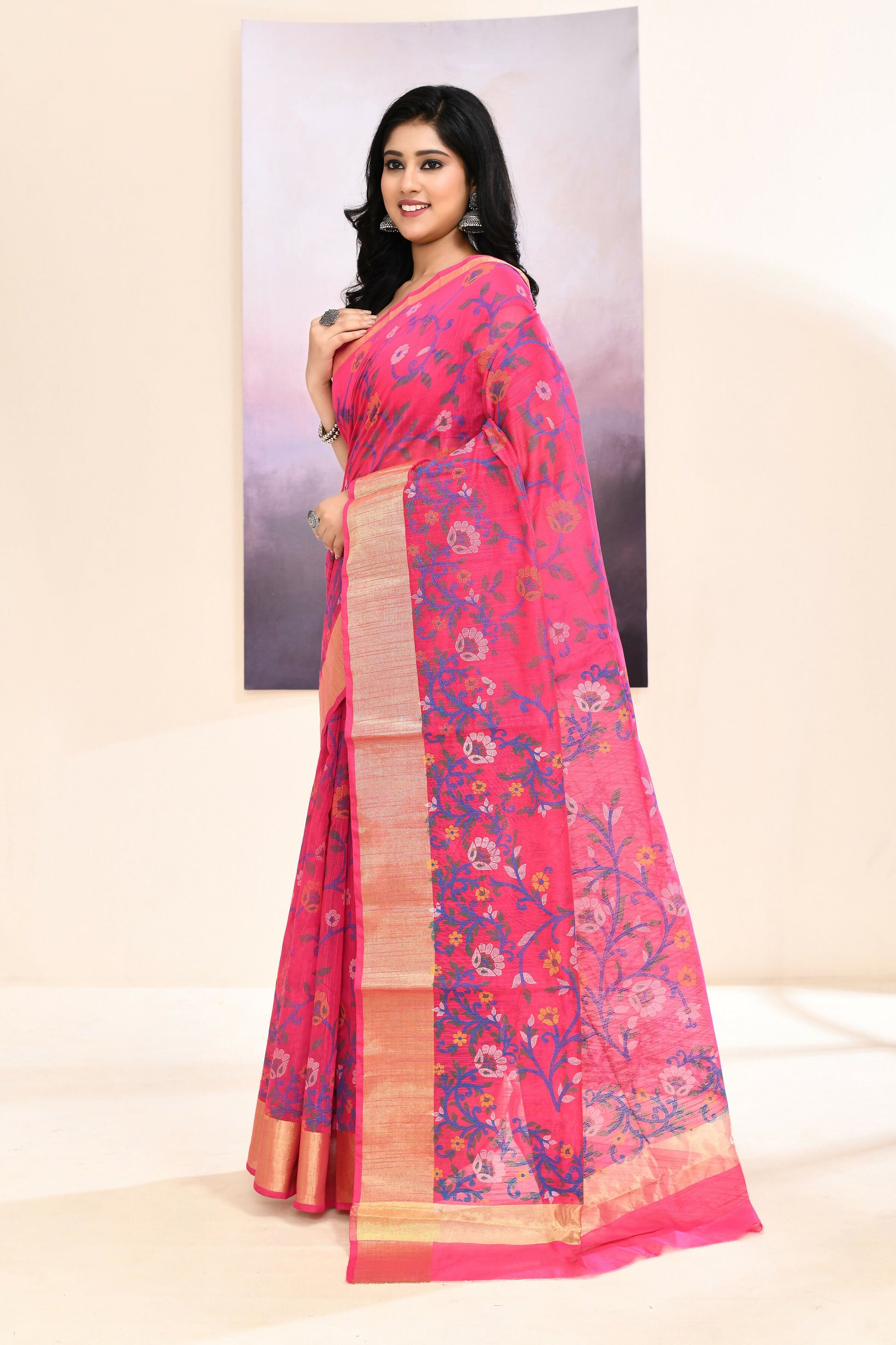 Piyari Fashion Women's Pink Embellished Cotton Blend Printed Saree