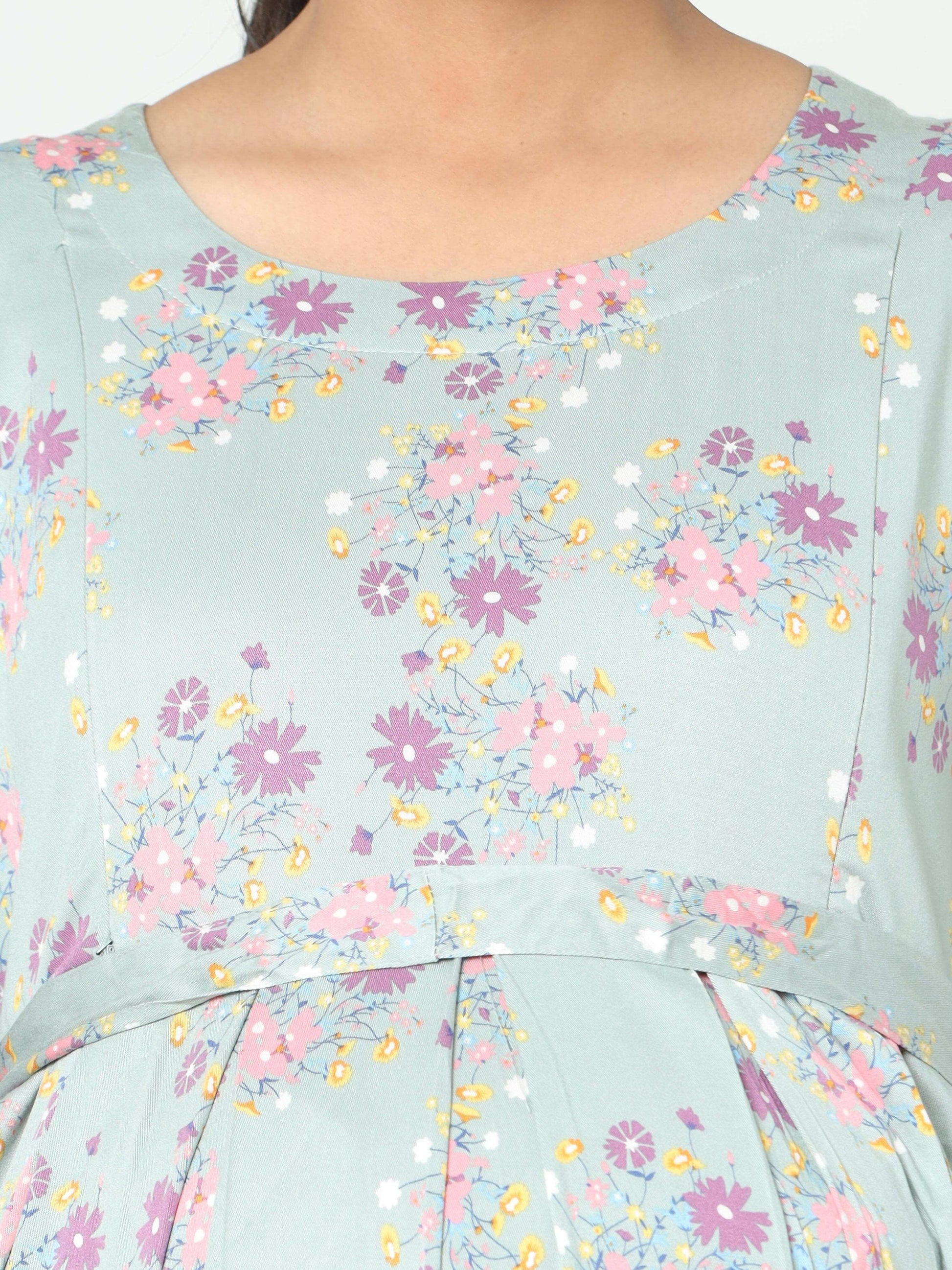 Manet Three Fourth Maternity Dress Pink Floral Print With Concealed Zipper Nursing Access - Green