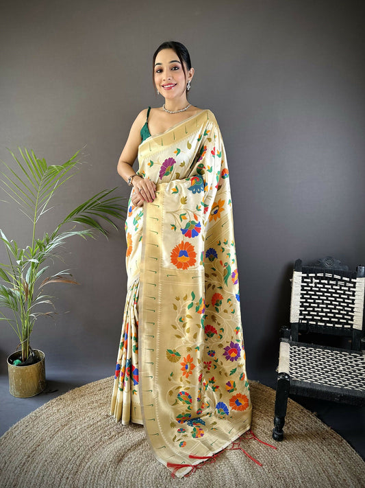 Joban Fashion Off-White  Zari Woven Floral Motifs Soft Silk Paithani Silk Saree