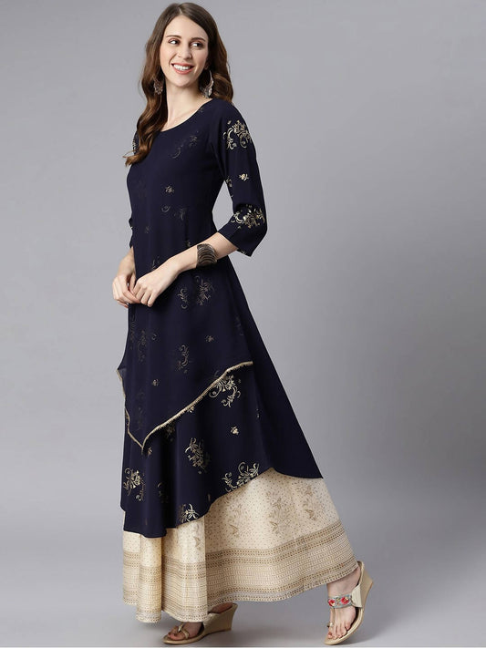 Janasya Women Navy Blue Quirky Embellished Crepe Anarkali Kurta