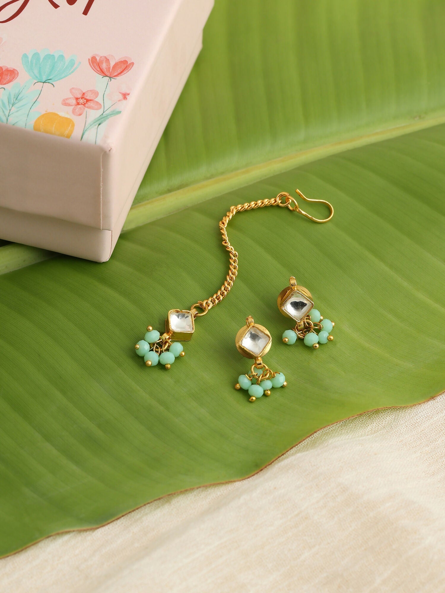 Ruby Raang Set Of Pastel Green Maang Tikka And Earrings