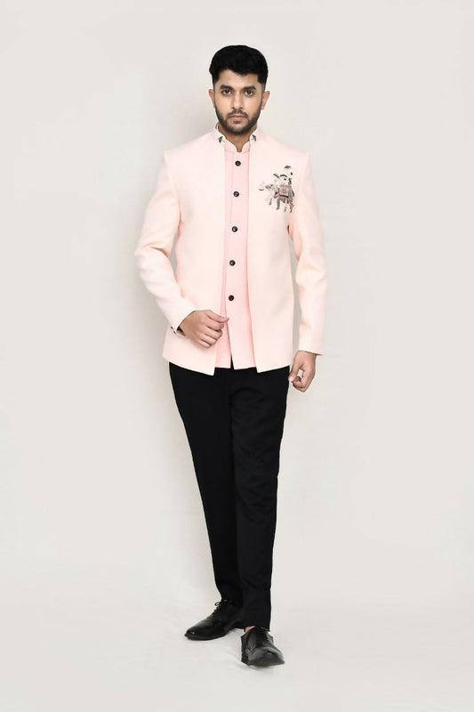 Joban Fashion Peach Colored Imported Polyester Fabric Open Prince Coat, Jacket With Pant
