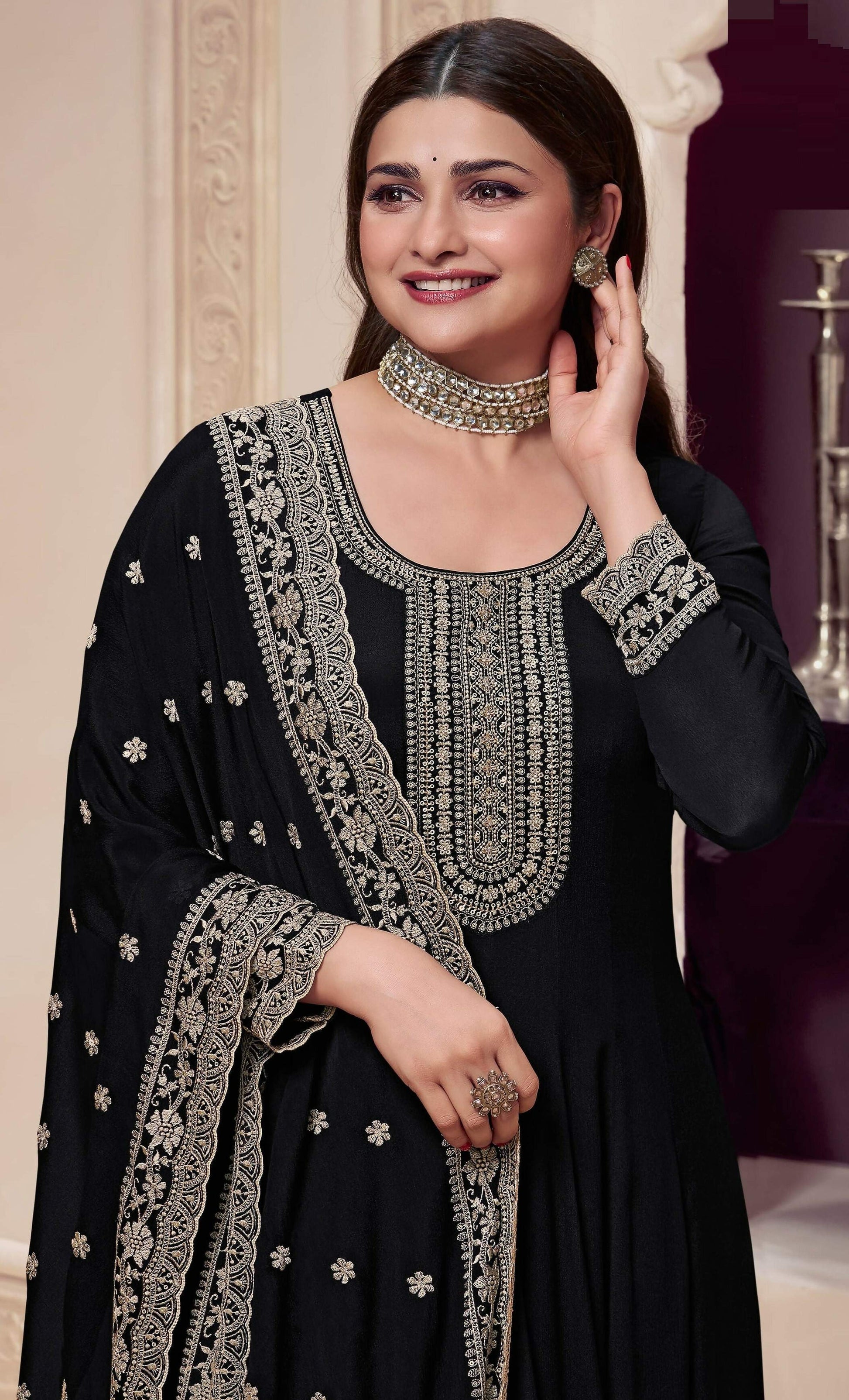 Anaita Black Embroidered Silk Stitched Anarkali Suit