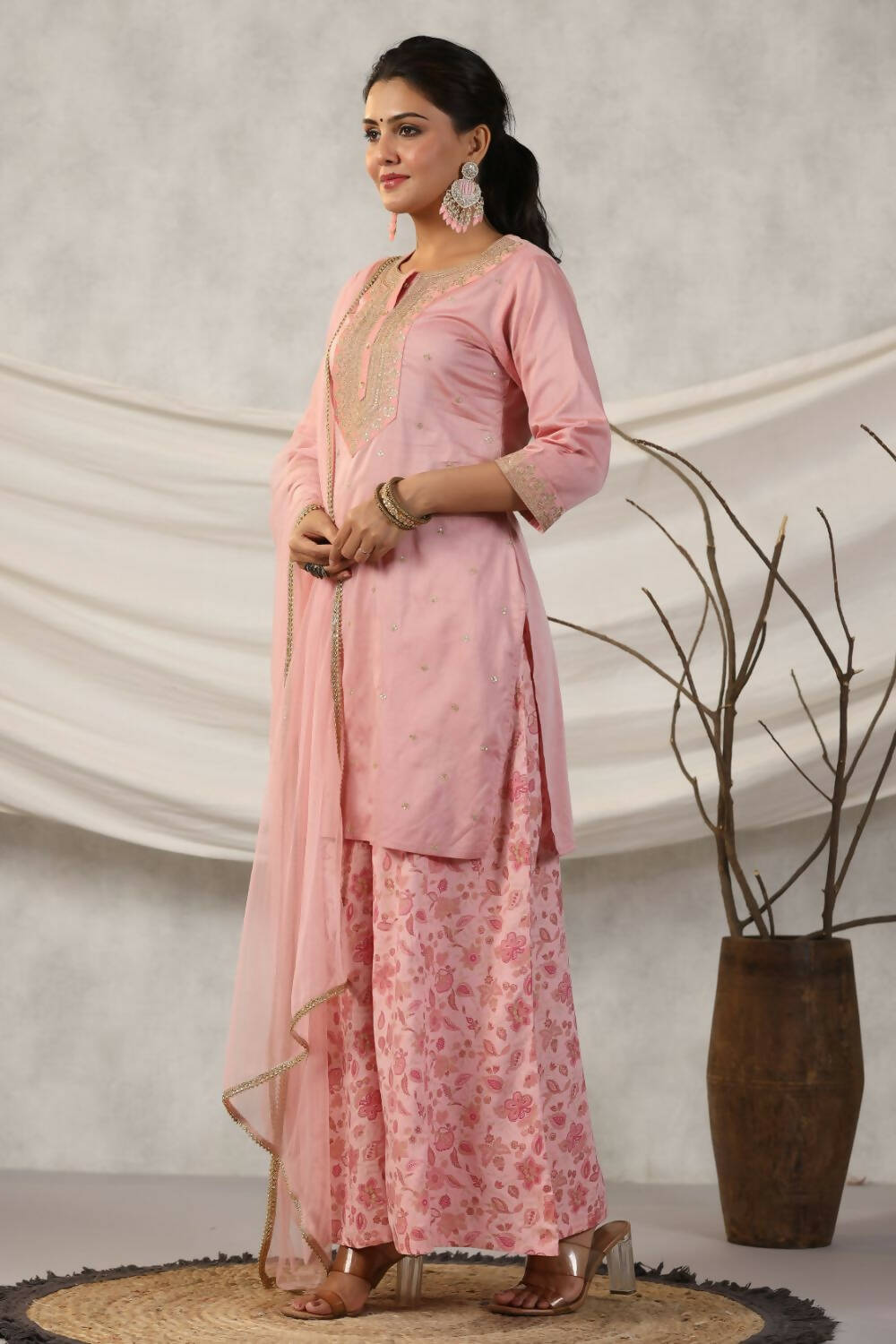 Juniper Women Peach Embroidered Kurta, Pants and Dupatta Set