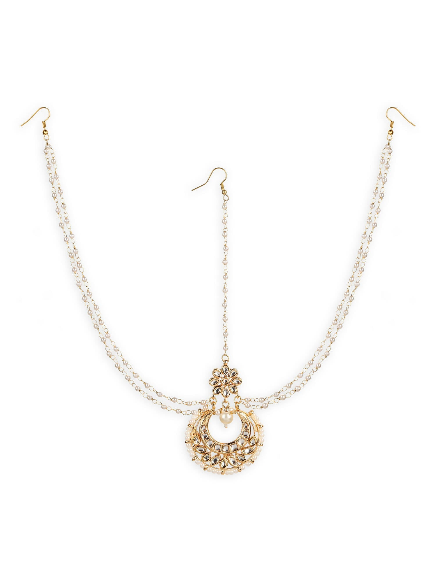 Gold-Plated White Kundan-Studded Faux Pearl Beaded Maathapatti - Ruby Raang - Grab2buy