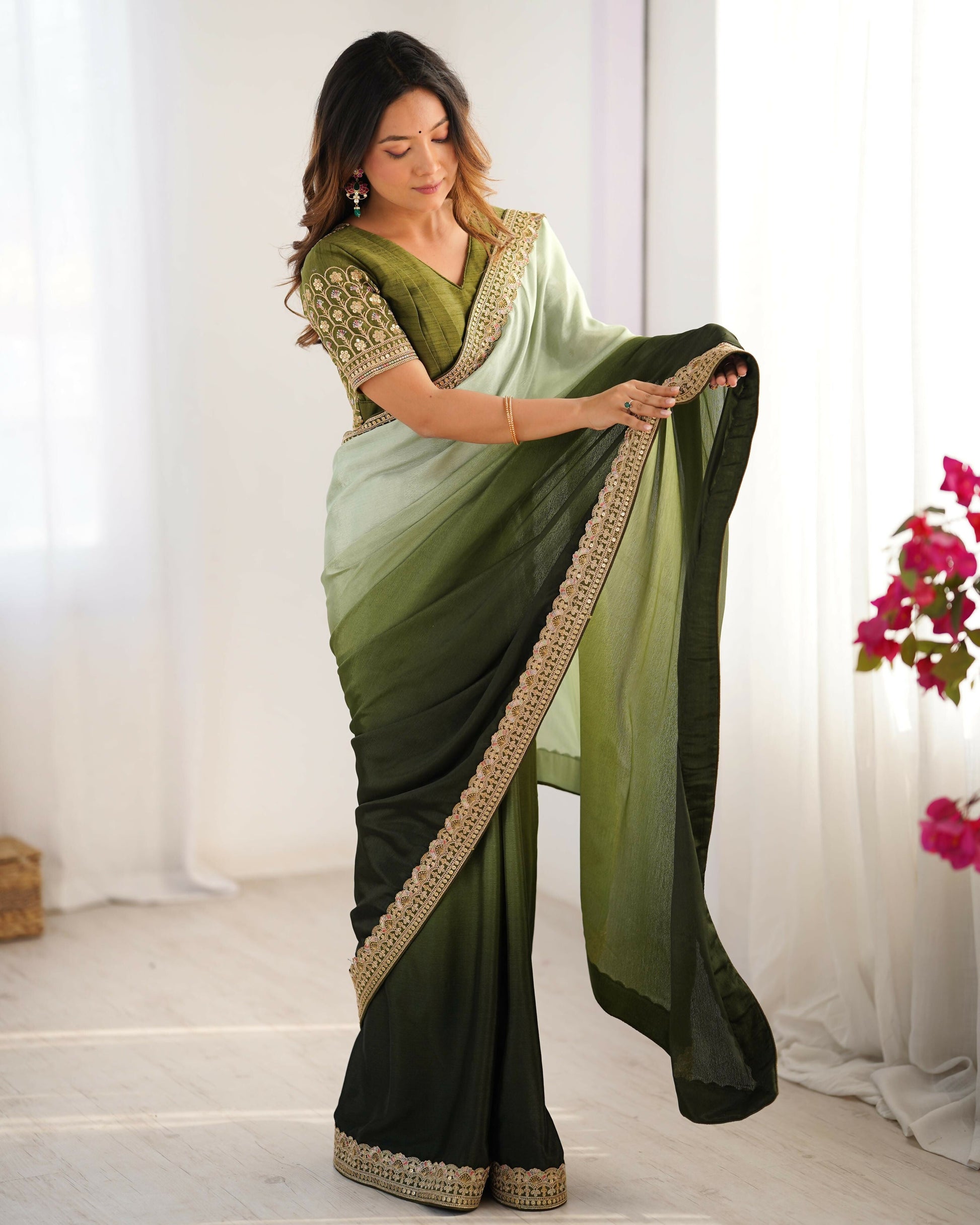 Exclusive Collection Pista Green Party Wear Chinon Salk Grab2Buy 