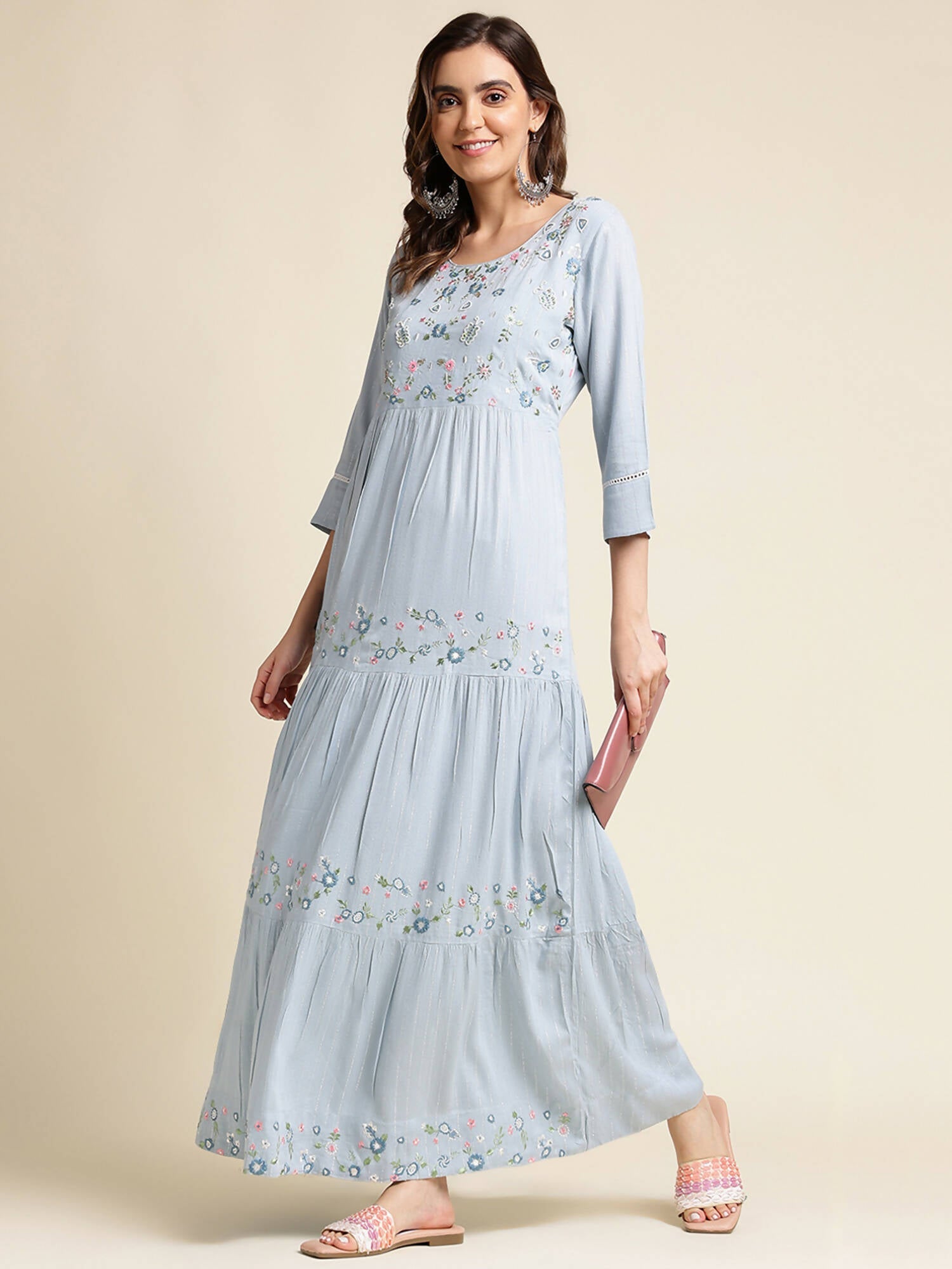 Sky Blue Chinon Floral Embroidered Dress - Nandani