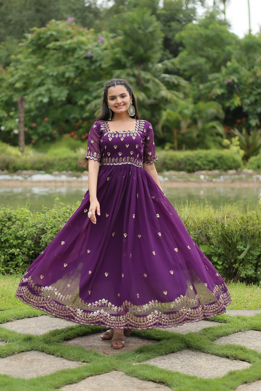 Joban Fashion Purple Georgette Sequence Embroidery Work Gown