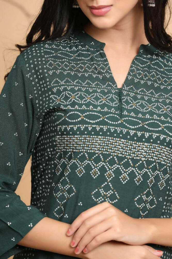 Juniper Women Jade Green Rayon Slub Bandhani Printed A-Line Kurta