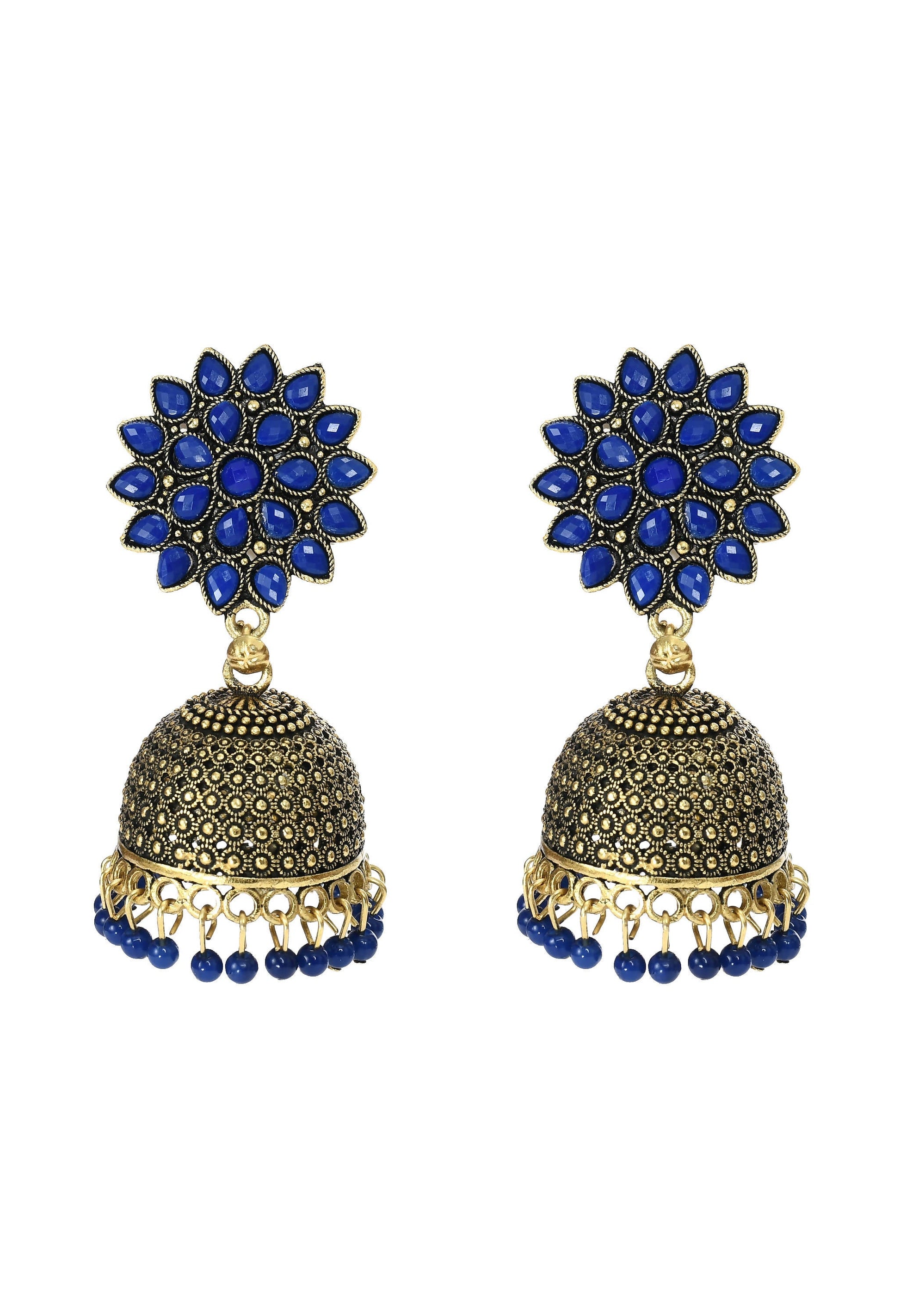Mominos Fashion Johar Kamal Kundan Work Jhumka With Blue Beads For Women - Grab2buy