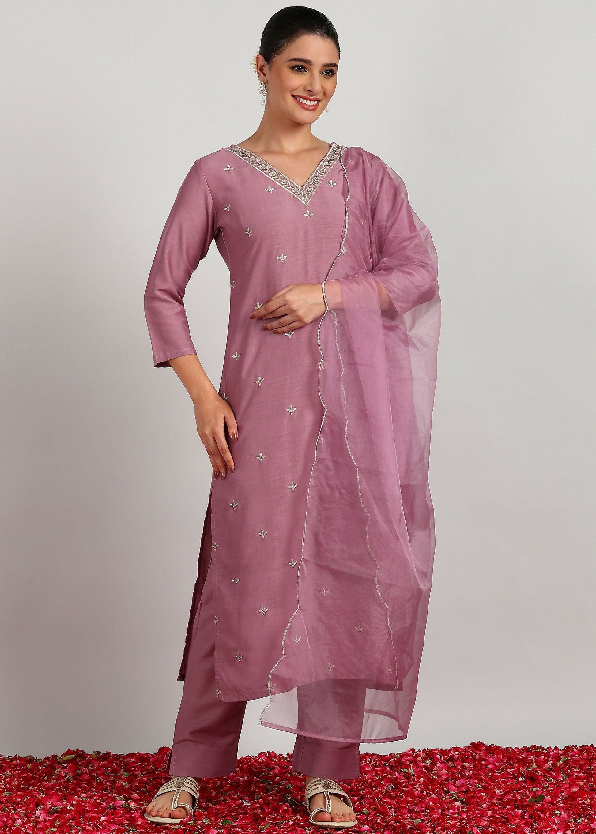 Aavyora Women’s Lavender Embroidered Kurta Set with Dupatta | Grab2Buy