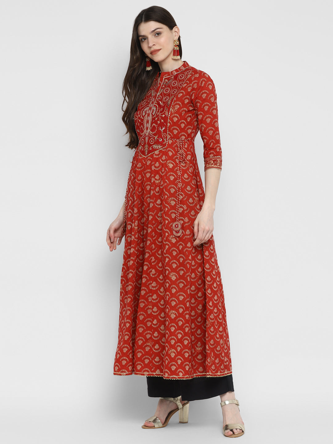 NOZ2TOZ Women's Embroidered & Printed Anarkali Cotton Red Kurta 