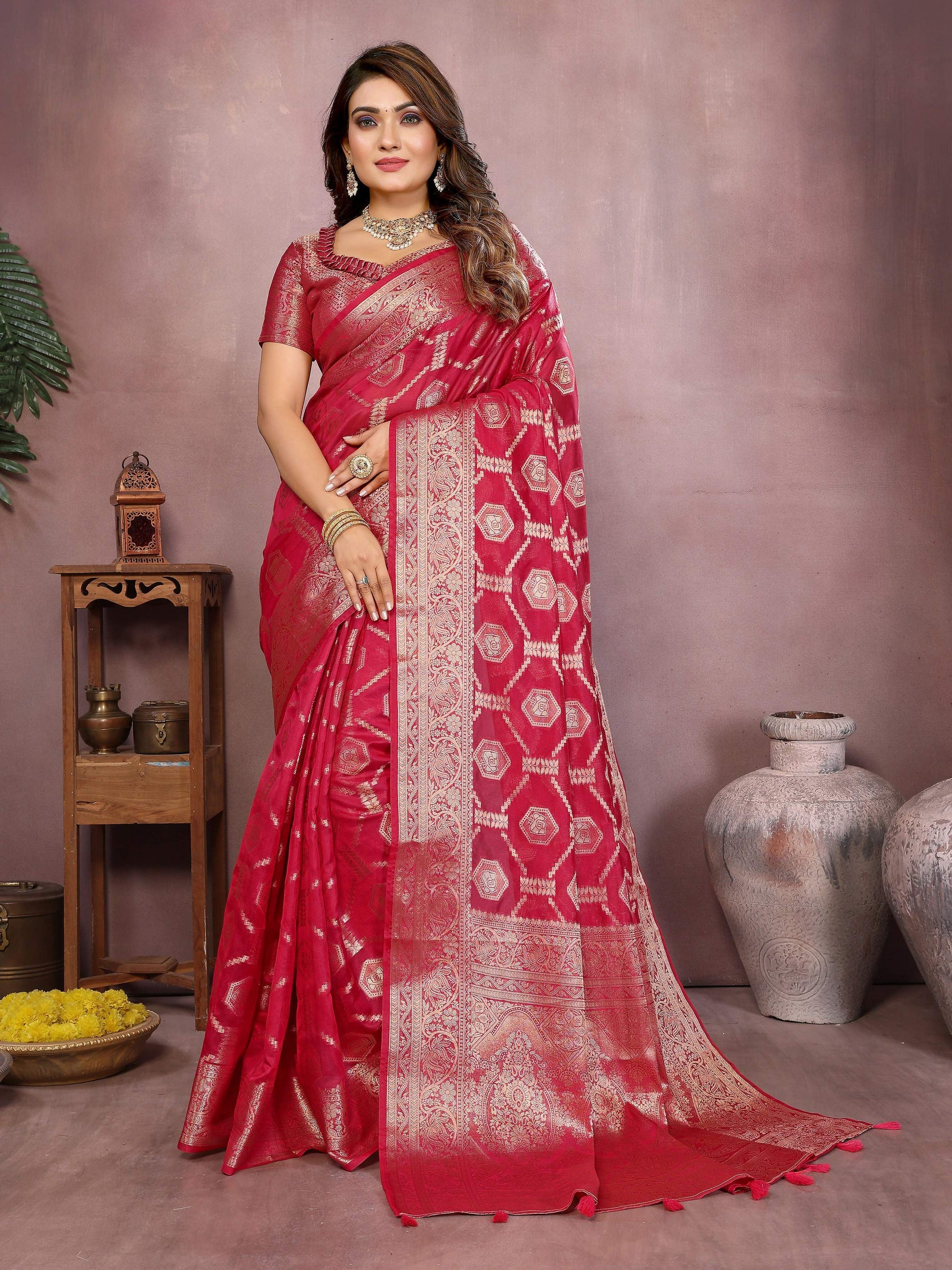 Aastha Fashion Magenta Soft Organza Silk Weaving Saree
