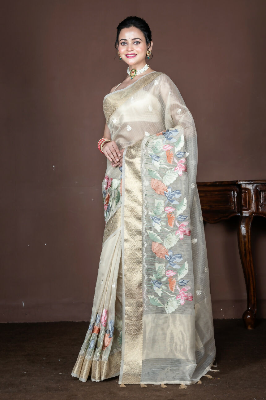Morchari Beige Banarasi Tissue Computer Embroidery Grab2Buy Unstitched Blouse 
