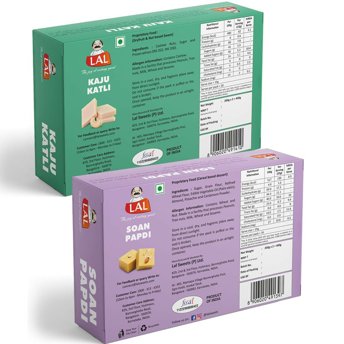 Lal Sweets Combo Pack - Kaju Katli 400 g & Soan Papdi Premium 400g| Desi Cow Ghee Indian Sweet Box Combo 