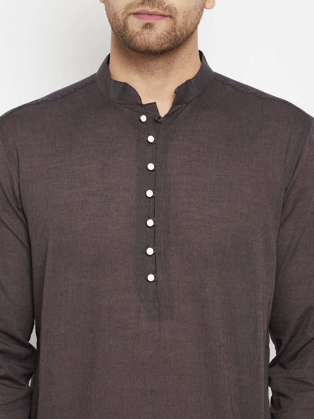 Even Apparels Brown Pure Cotton Long Men's Kurta With Band Collar 