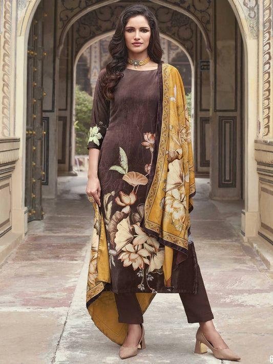 Aastha Fashion Women's Brown Velvet Floral Digital Printed Kurta with Trouser & Dupatta - Grab2buy