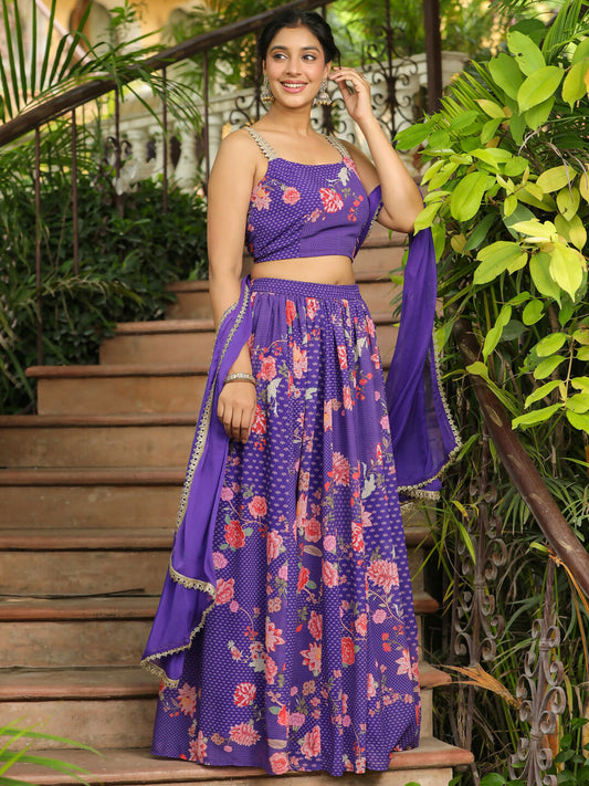 Janasya Purple Georgette Floral Lehenga Choli Dupatta 
