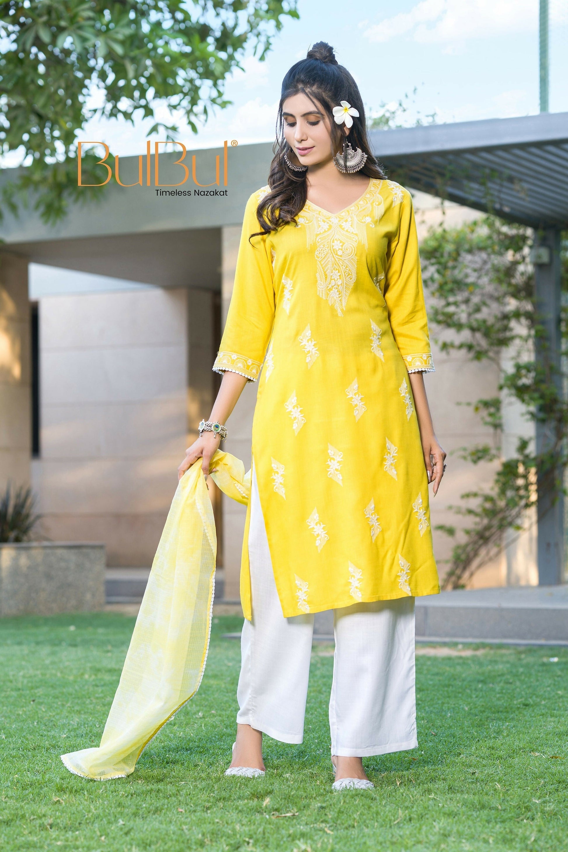 BulBul Pooja Yellow Rayon Kurta Set with Dupatta 