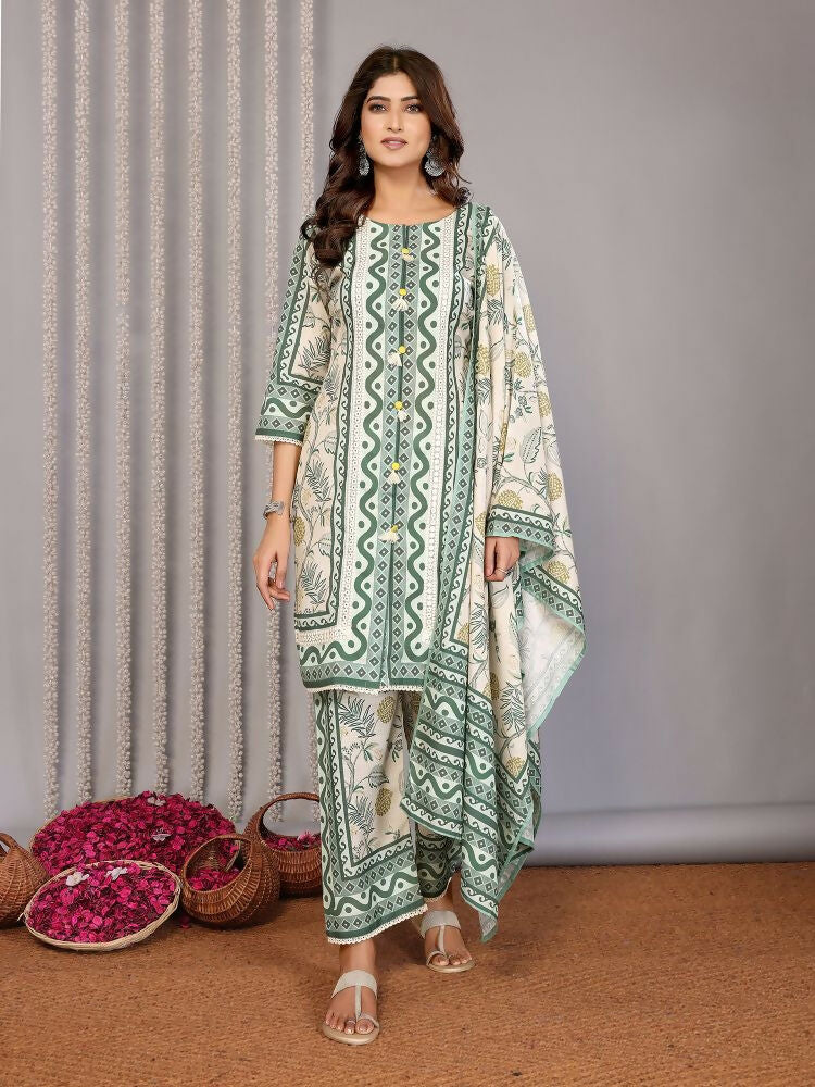 Joban Fashion Women Off White & Forest Green Linen Printed Stitched Kurta Set