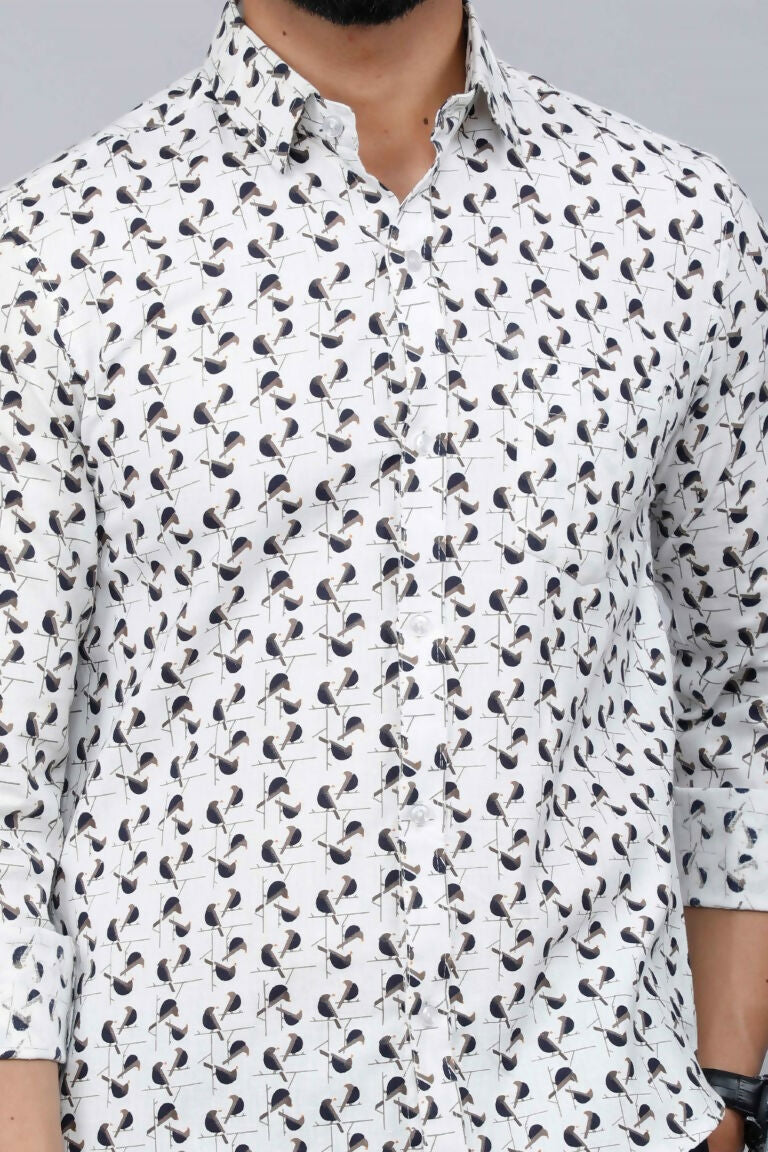 Miravan Men's White Spread Collar Bird Print Casual Shirt 