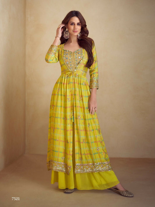 Anaita Yellow Real Chinon Stitched 3 Piece Suit with Printed & Embroidery hand work
