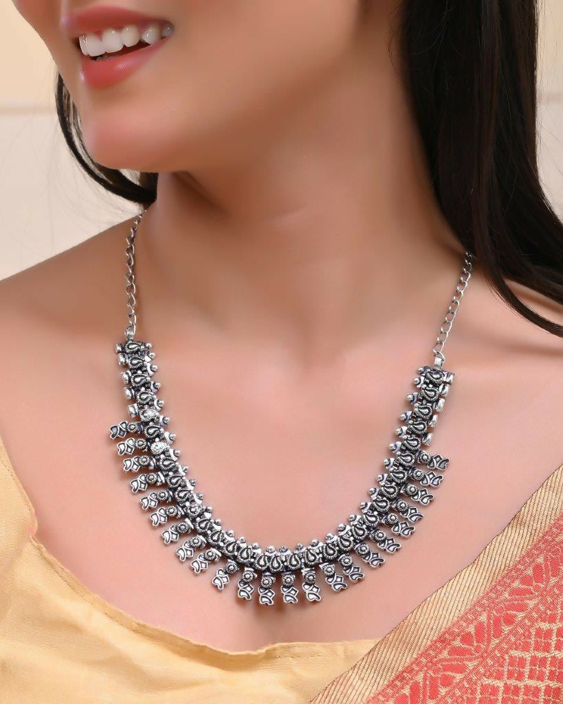 VOJ Silver-Toned Silver-Plated Oxidized Necklace 