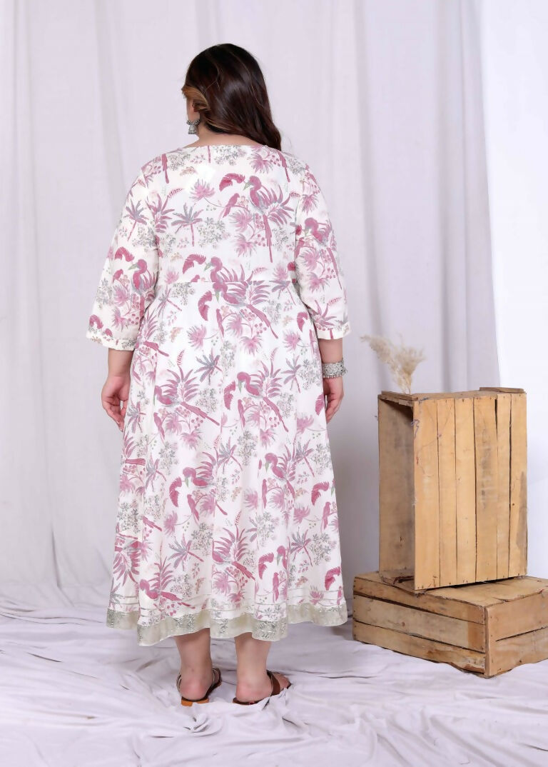Miravan Women's Plus Size Pink Cotton Gota and Lace Border Birds and Leaf Floral Printed Anarkali Kurta 