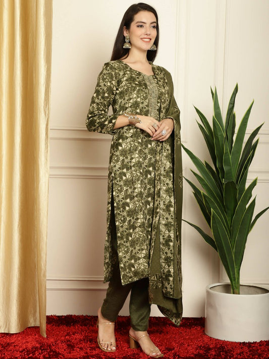 Aastha Fashion Women's Green Pashmina Floral Digital Printed Kurta with Trouser & Dupatta - Grab2buy