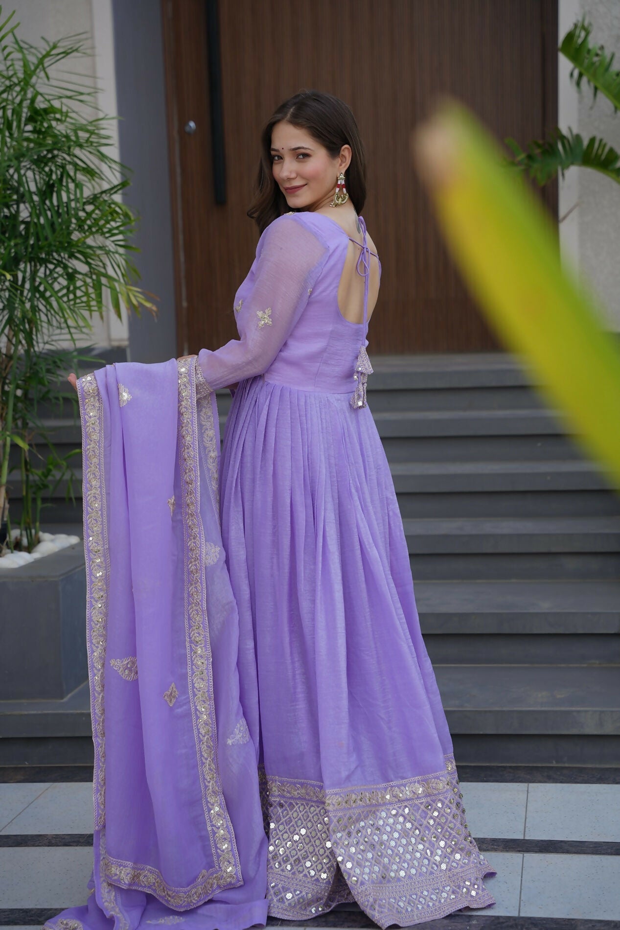 Teeya Creation Lavender Color Crunchy Silk Wedding Wear Embroidery Work Long Gown