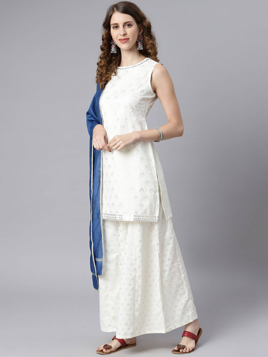 Janasya Women Off White & Silver Printed Kurta with Palazzos & Dupatta