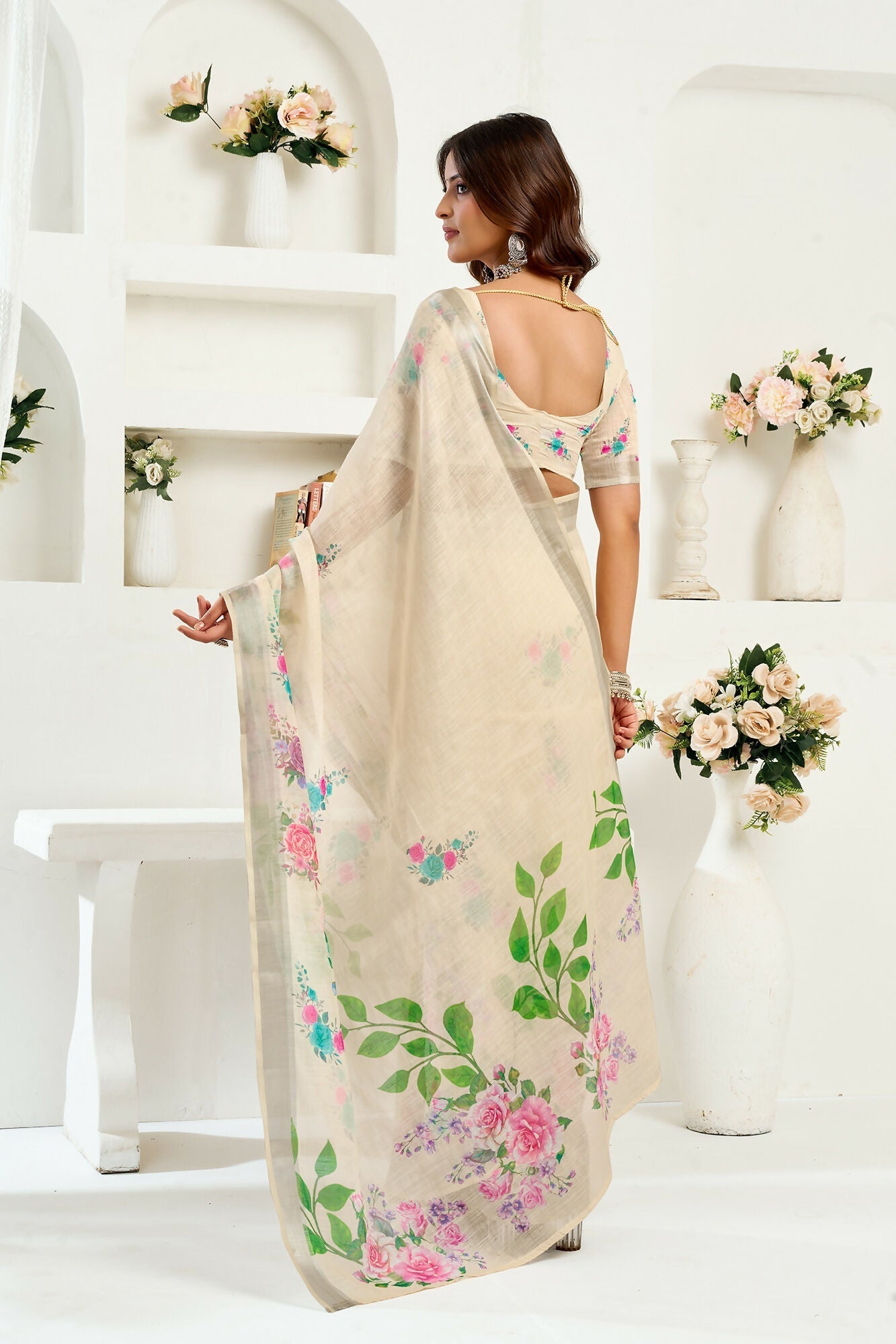Vastranavya Cream Digital Printed Linen Ready To Wear Designer Grab2Buy with Unstitched Blouse  Grab2Buy Vastranavya Grab2Buy