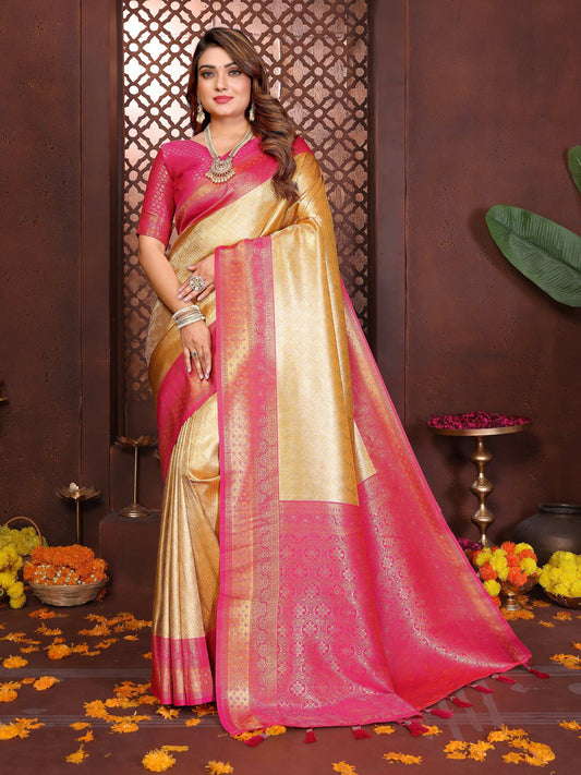 Aastha Fashion Cream Tissue Silk Woven Saree