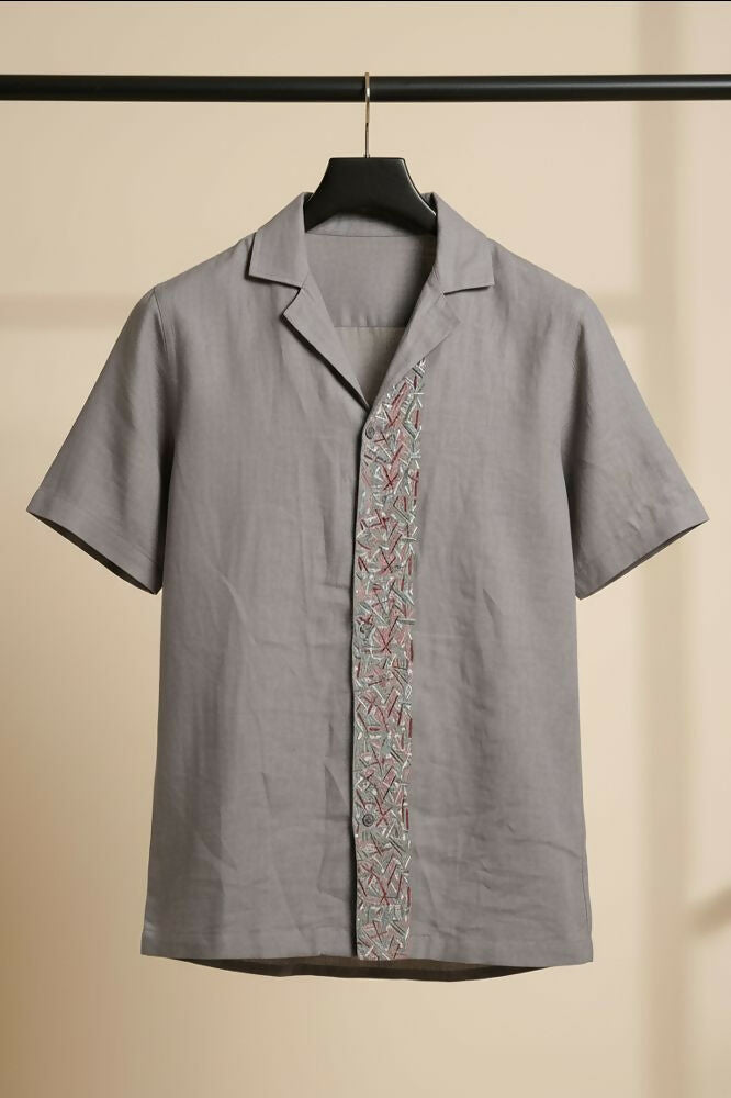 Driftstone — Grey Embroidered Linen Shirt by Hilo Design