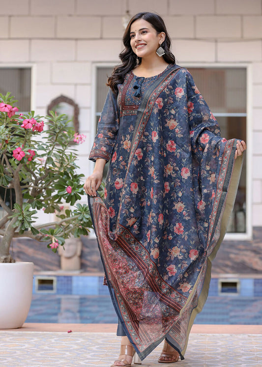 Kaajh Women's Navy Blue Digital Print Flora Chanderi Kurta Pant Set With Dupatta